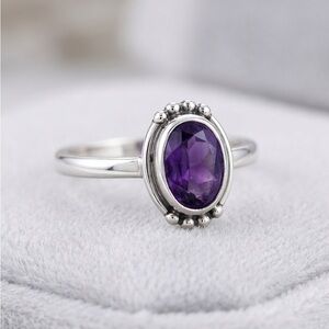 Bohemian Amethyst Sterling Silver Beaded Solitaire Ring